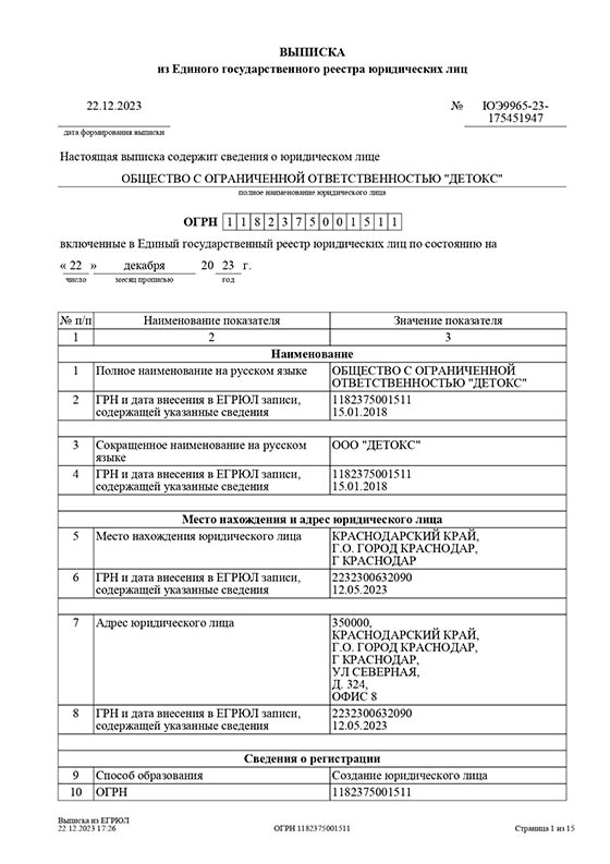 Выписка из ЕГРЮЛ клиники Трезвый Путь